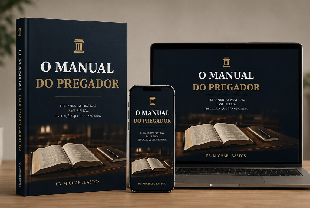 Kit completo O Manual do Pregador: livro, celular e notebook mostrando o acesso em qualquer dispositivo